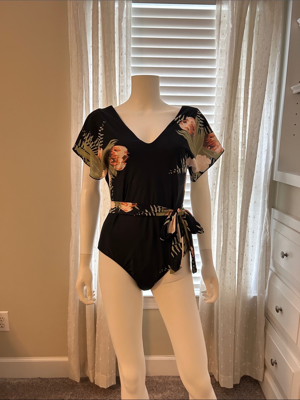 Black Floral One-Piece Swimsuit with Tie Waist Size L